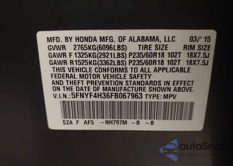 2015 Honda Pilot Se z USA, uszkodzony, nr VIN 5FNYF4H36FB067963